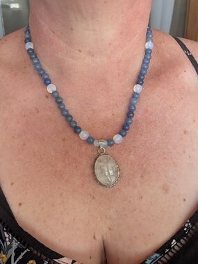 Blue Beaded Necklace with Oval Pendant - Unbranded